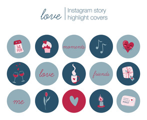 Valentine's day vector round sticker set. Love theme highlight covers for stories. Flat style romantic icons for social media.
