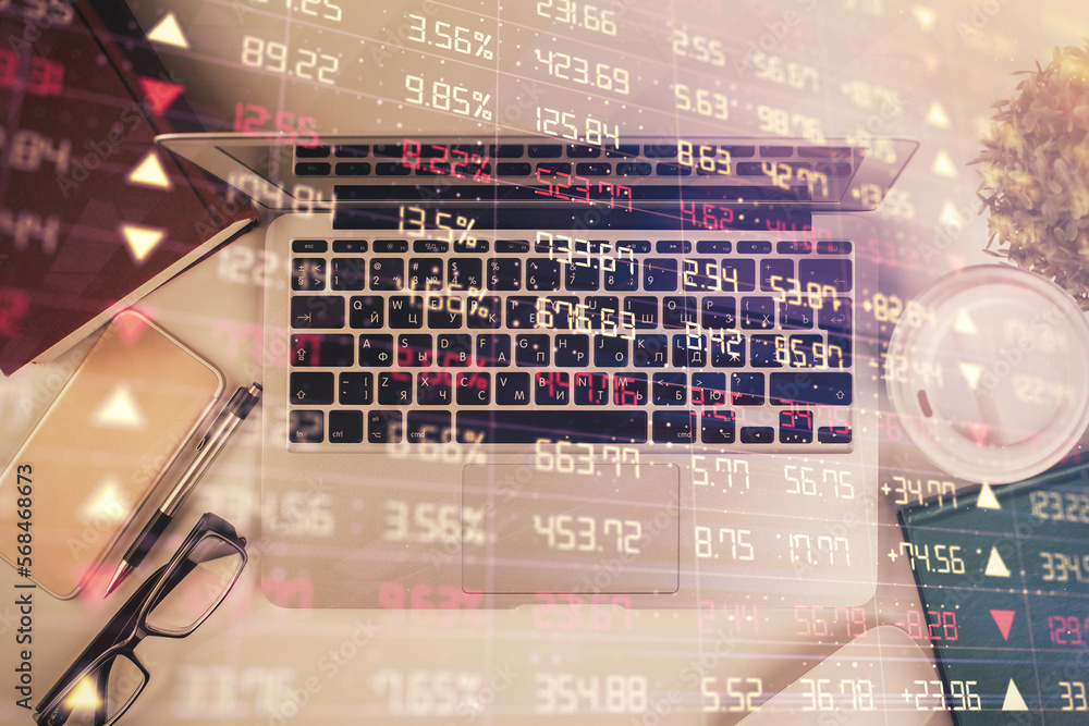 Poster multi exposure of financial chart drawing over table background with computer. concept of research. 