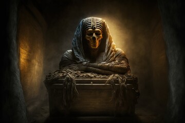 Ancient Egyptian tomb, mummy casket. Misty horror dark stone room.