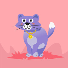 Cartoon image of a cat on a pink background.  Art wall. Drawings for children. Kindergarten. Print. Children's book. Clipart.  