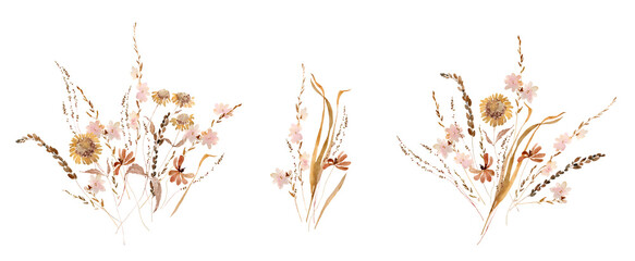 Watercolor beige wildflowers boho bouquet. Dried herbs, grass floral border, elegant arrangement. Botanical boho elements isolated on white. Wedding invitation, greeting, card, printing, design - obrazy, fototapety, plakaty