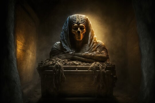 Ancient Egyptian tomb, mummy casket. Misty horror dark stone room.