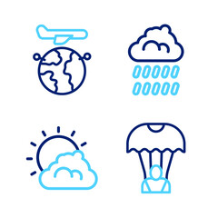 Set line Parachute, Sun and cloud weather, Cloud with rain and Globe flying plane icon. Vector