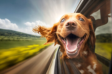 Happy dog with head out of the car window having fun. Travel with a pet concept. Generative AI.