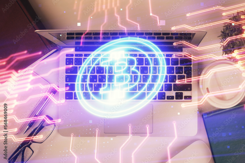 Poster Blockchain theme hologram drawings over computer on the desktop background. Top view. Double exposure.