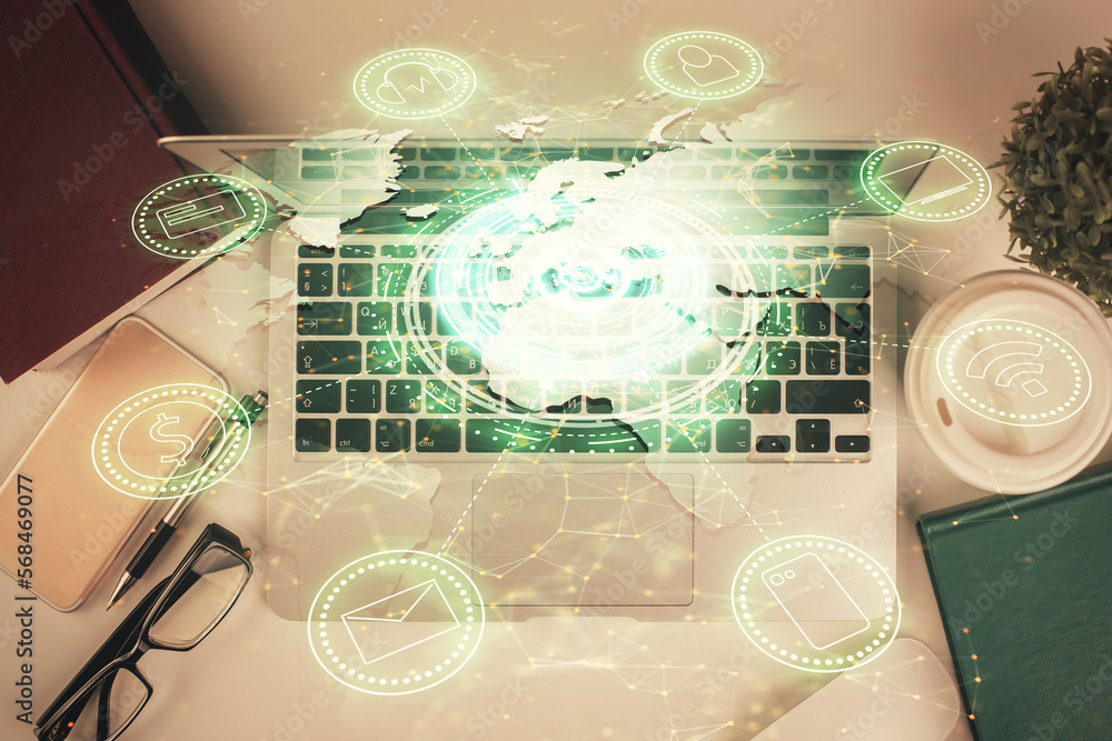 Poster social network hologram drawings over computer on the desktop background. top view. double exposure.