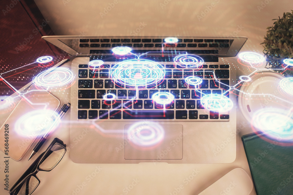 Poster social network hologram drawings over computer on the desktop background. top view. double exposure.