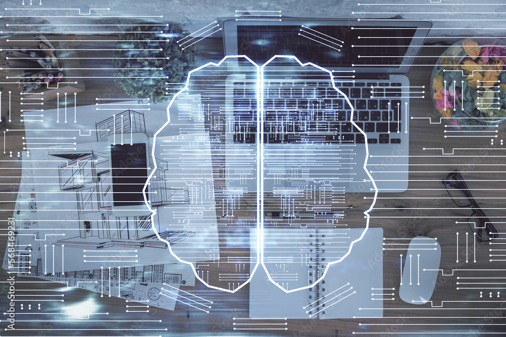 Poster Double exposure of brain drawing hologram over topview work table background with computer. Concept of big data.