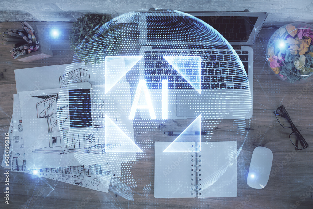 Poster Double exposure of data theme drawing hologram over topview work table background with computer. Concept of technology.