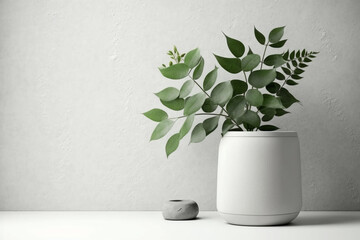 Green Plant Leave In a Ceramic Vase on White Table. Generative AI