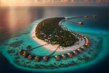 Tropical island in Indian ocean Maldives, aerial view, Generative AI.