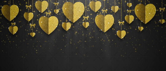 Gold glitter hearts on black background. valentine's day, love, luxury background, glitter heart, birthday greeting card design. Paper elements in shape of heart flying on black background.