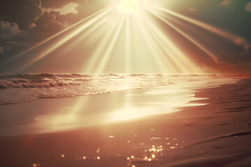 Golden rays of sunshine shining down on a sandy beach, the epitome of a summer day