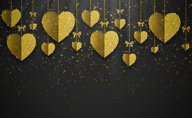 Gold glitter hearts on black background. valentine's day, love, luxury background, glitter heart, birthday greeting card design. Paper elements in shape of heart flying on black background.