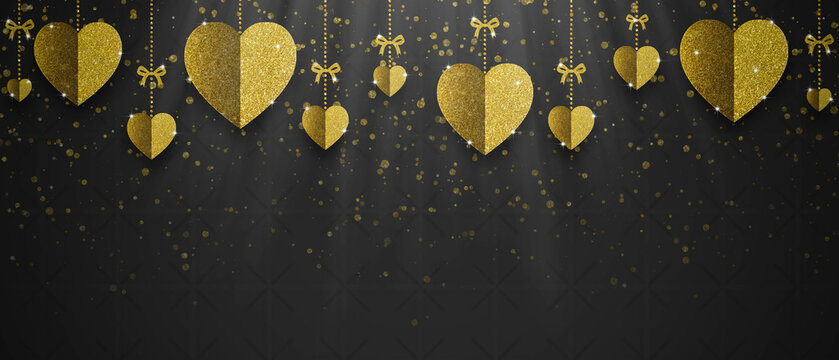 Gold glitter hearts on black background. valentine's day, love, luxury background, glitter heart, birthday greeting card design. Paper elements in shape of heart flying on black background.