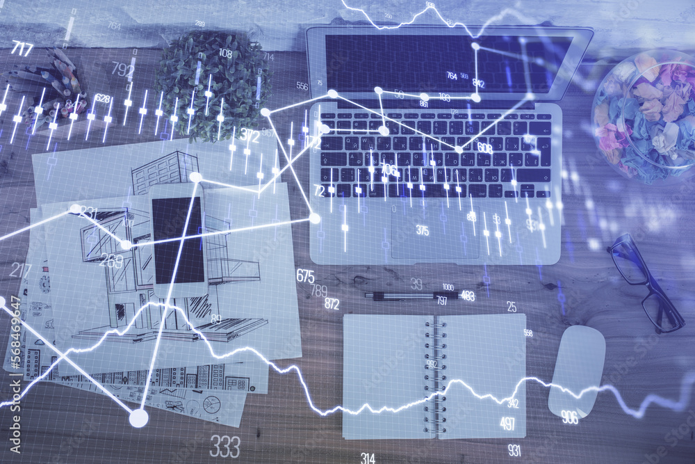 Poster multi exposure of financial chart drawing over table background with computer. concept of research. 