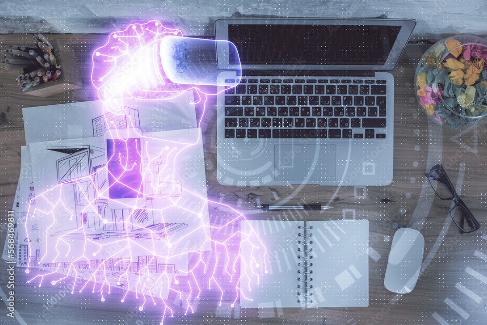 Aufkleber ar hologram drawings over computer on the desktop background. top view. multi exposure. concept of a