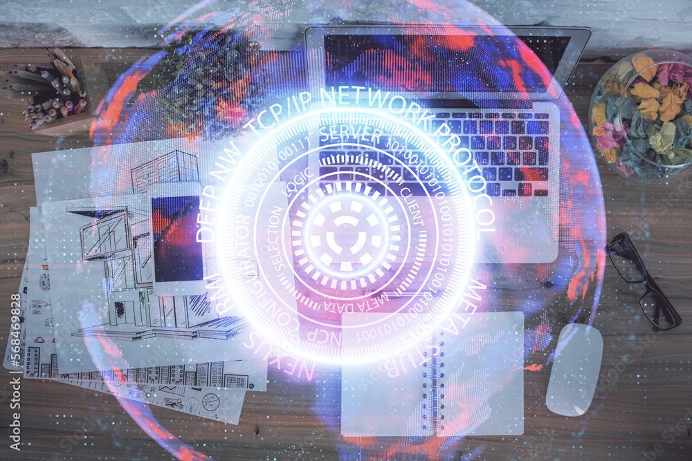 Poster Technology hologram drawing over computer on the desktop background. Top view. Double exposure. Tech concept.