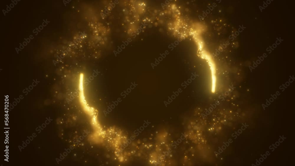 Poster abstract yellow gold fiery energy lines and cyclic circles with magic bokeh from particles, abstract