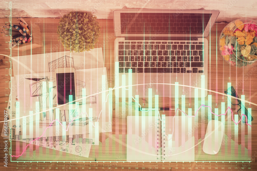 Poster Multi exposure of financial chart drawing over table background with computer. Concept of research. Top view.