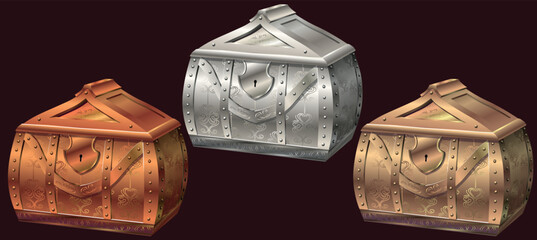 Realistic metal chests for games in vector. Bronze, silver and gold isolated on dark background.