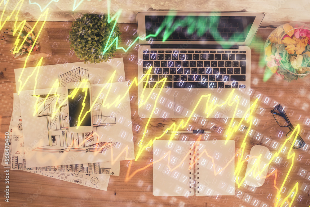 Poster Multi exposure of financial chart drawing over table background with computer. Concept of research. Top view.