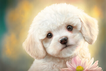 Obraz premium Cute fluffy dog and flowers. Festive tender greeting card. Generative AI illustration