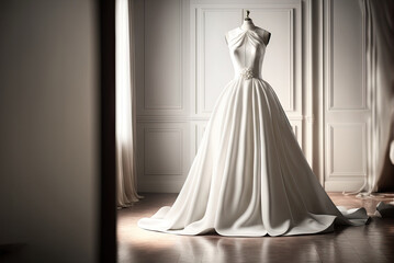 Fototapeta premium Elegant classic wedding dress on hanger. Natural light. Generative AI