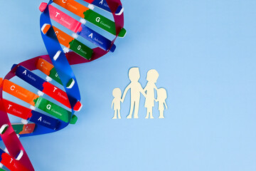 DNA helix structure and family paper model. Parents and children. DNA carrier status. Healthcare,...