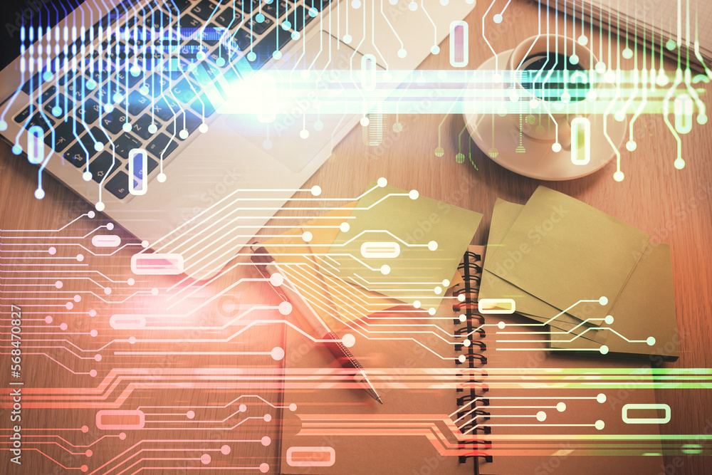 Poster Double exposure of data theme drawing hologram over topview work table background with computer. Concept of technology.