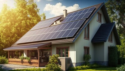 Obraz premium Solar panels installed on the roof of the house on a sunny day. The use of solar energy, generative artificial intelligence 
