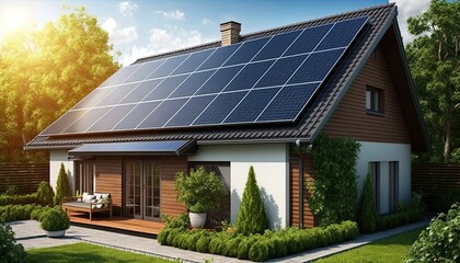 Fototapeta premium Solar panels installed on the roof of the house on a sunny day. The use of solar energy, Generative AI