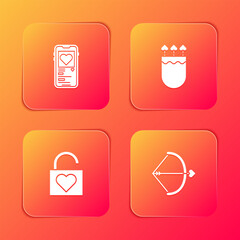 Set Mobile with heart, Quiver and arrows, Lock and Bow icon. Vector