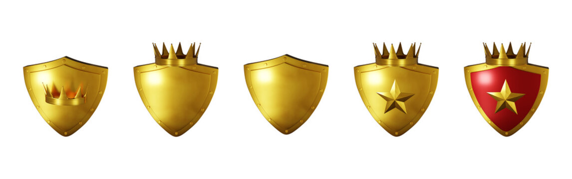 3D golden shield set, realistic level up game badge, metal render trophy, medieval royal award kit. Warranty reward medal, knight defence armour, king crown, guarantee star emblem. Golden shield asset