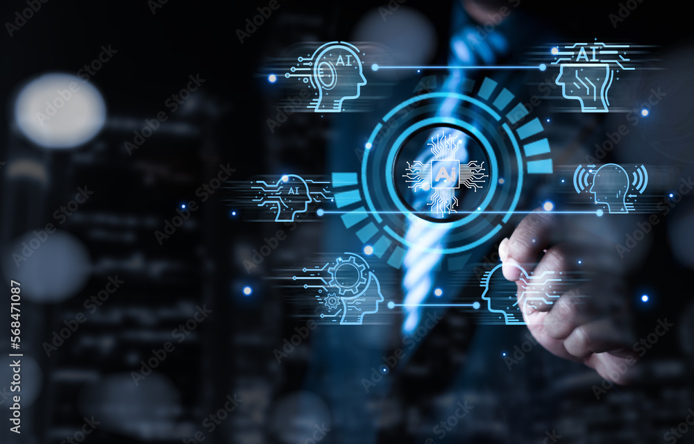 Poster businessman holding magnifying glass search of artificial intelligence (ai) in the futuristic busine