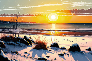 Winter sunrise at a Baltic Sea beach in Babie Doly. Poland's Gdynia. Generative AI