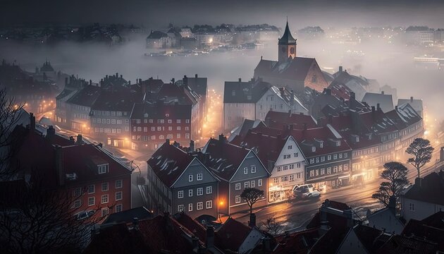 Stavanger centrum city in fog, generative artificial intelligence 