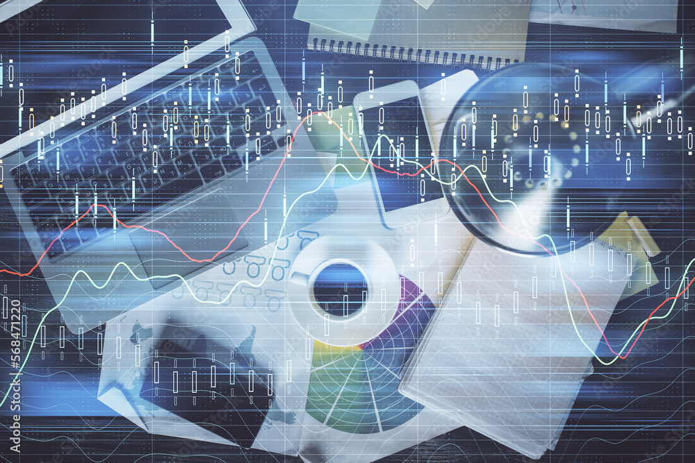 Poster financial market graph and top view computer on the desktop background. multi exposure. investment c
