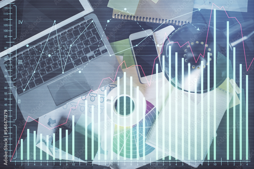Aufkleber financial market graph and top view computer on the desktop background. multi exposure. investment c