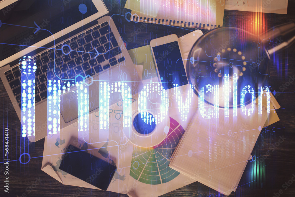 Poster Multi exposure of data theme drawing hologram over topview work desk background with computer. Concept of technology.