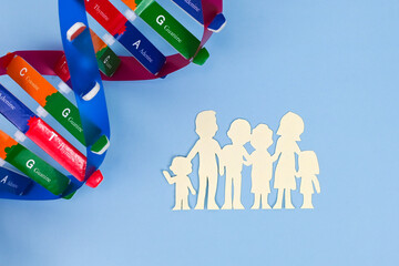 DNA helix structure and family paper model, Genetic ancestry testing. Family history, genealogy....