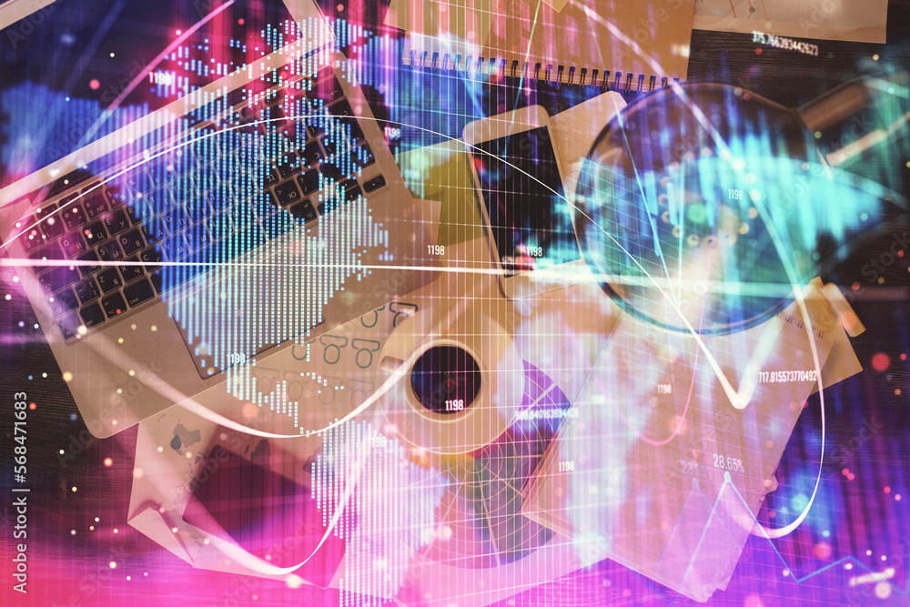 Aufkleber business theme hologram drawings over computer on the desktop background. top view. multi exposure. 