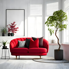 Cozy modern living room interior with red sofa and decoration room on a red or white wall background, Generative AI
