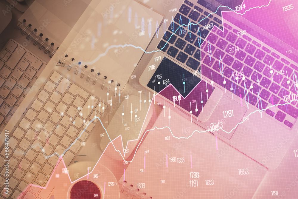 Poster financial market graph and top view computer on the desktop background. multi exposure. investment c