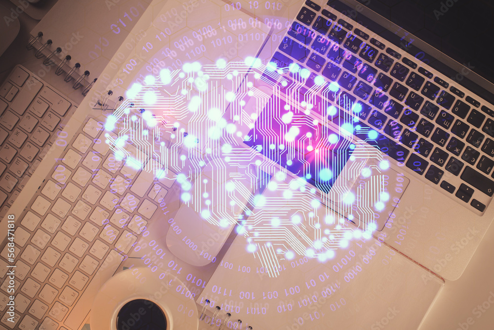 Aufkleber Double exposure of brain drawing hologram over topview work table background with computer. Concept of big data.