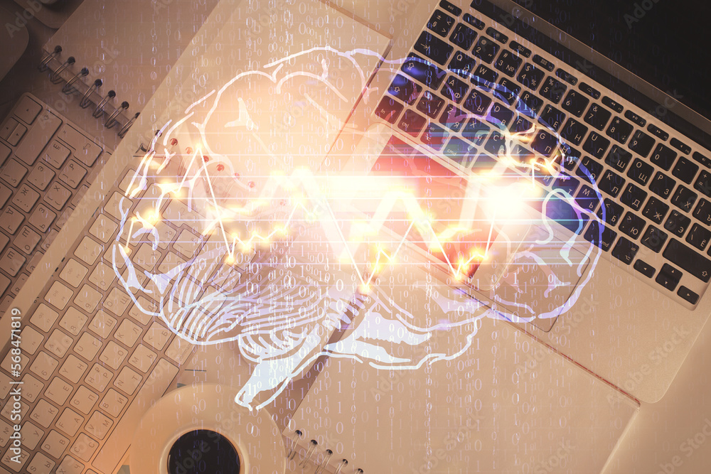 Poster Double exposure of brain drawing hologram over topview work table background with computer. Concept of big data.