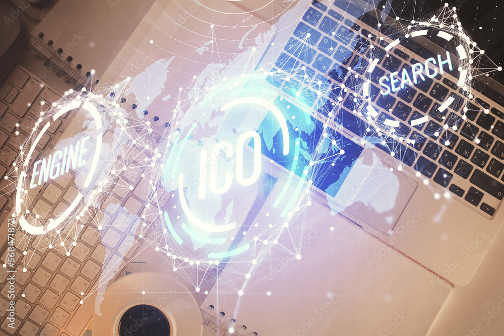 Aufkleber Blockchain theme hologram drawings over computer on the desktop background. Top view. Double exposure.