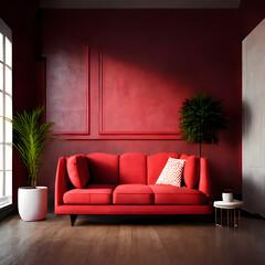 Cozy modern living room interior with red sofa and decoration room on a red or white wall background, Generative AI
