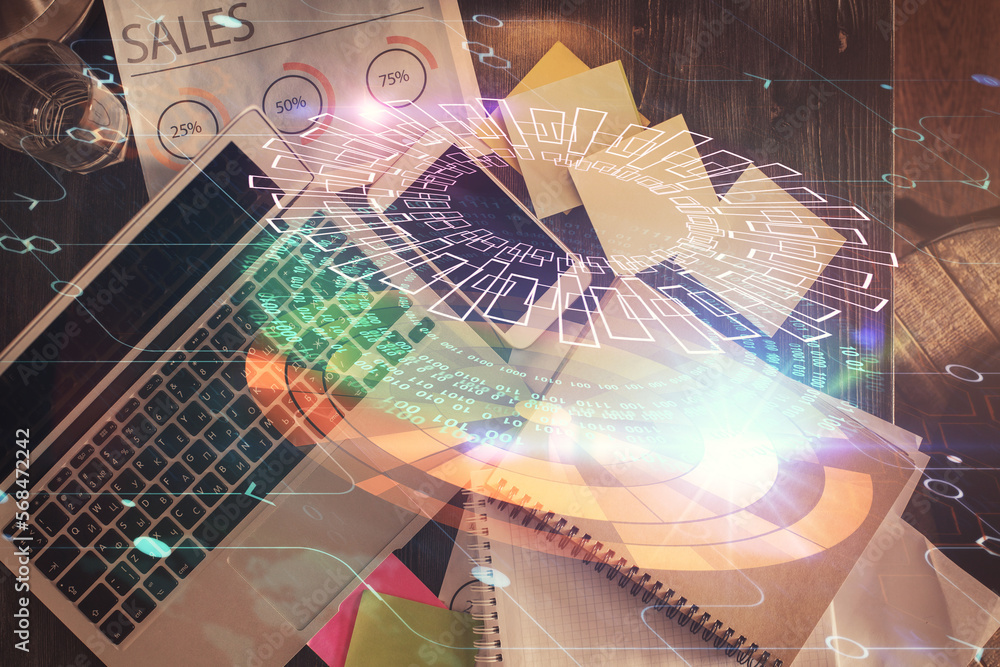 Aufkleber Multi exposure of data theme drawing hologram over topview work desk background with computer. Concept of technology.