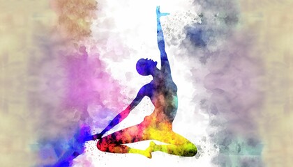 Fototapeta na wymiar Colorful watercolor style background wallpaper woman doing yoga dynamic poses generative ai